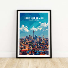 Johannesburg Skyline Art Print - Joburg Cityscape, South Africa Poster displayed in a black frame on a wooden floor.