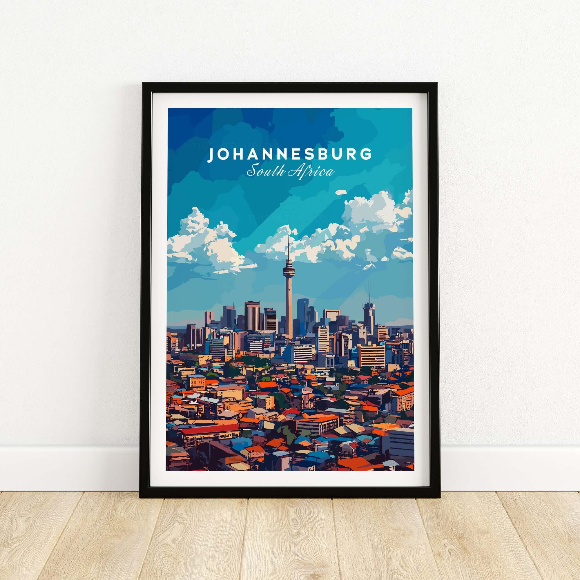 Johannesburg Skyline Art Print - Joburg Cityscape, South Africa Poster displayed in a black frame on a wooden floor.