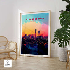 Johannesburg Skyline Poster - South Africa Cityscape Wall Art Print in a modern interior setting with a stylish chair.