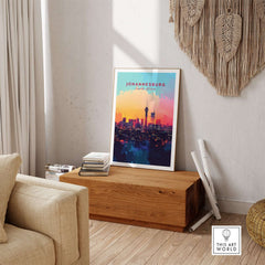 Johannesburg Skyline Poster - South Africa Cityscape Wall Art Print displayed in a stylish interior setting.