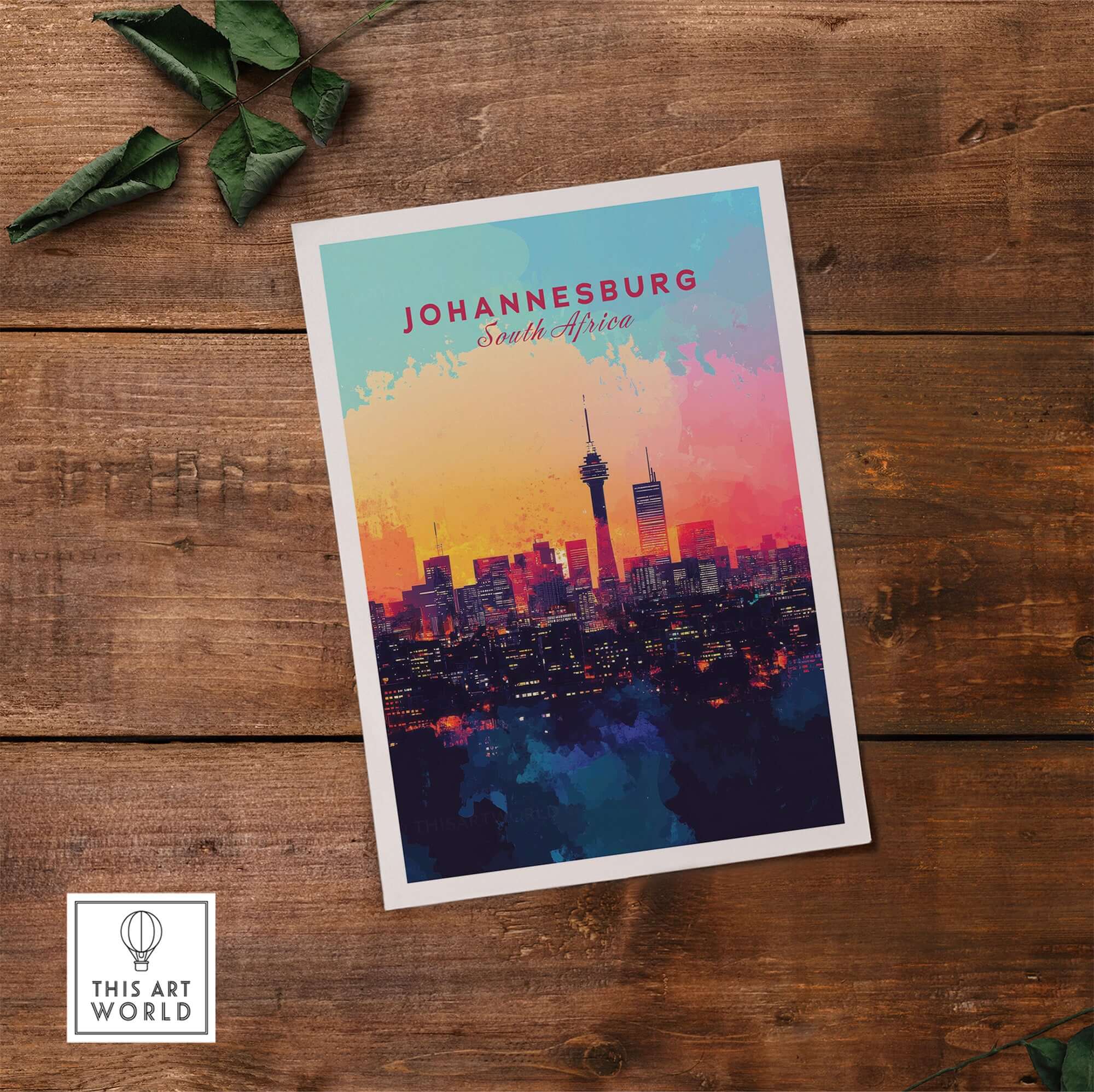 Johannesburg Skyline Poster - South Africa Cityscape Wall Art Print on wooden background with green leaves.