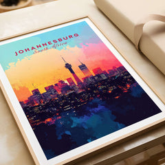 Johannesburg Skyline Poster - South Africa Cityscape Wall Art Print displayed in a stylish frame on a tabletop.