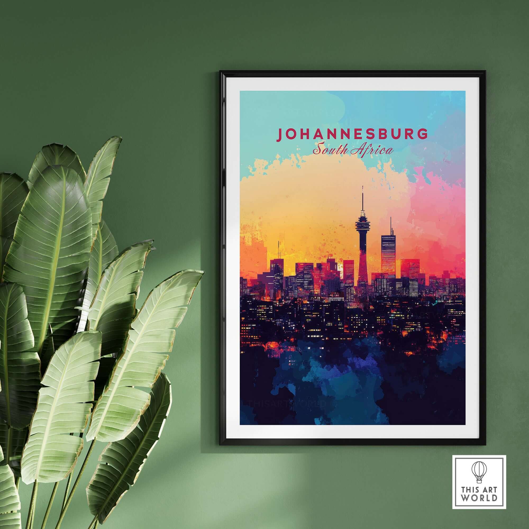 Johannesburg Skyline Poster - South Africa Cityscape Wall Art Print in vibrant colors on a green wall.