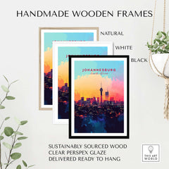 Johannesburg Skyline Poster - South Africa Cityscape Wall Art Print in handmade wooden frames available in natural, white, and black.