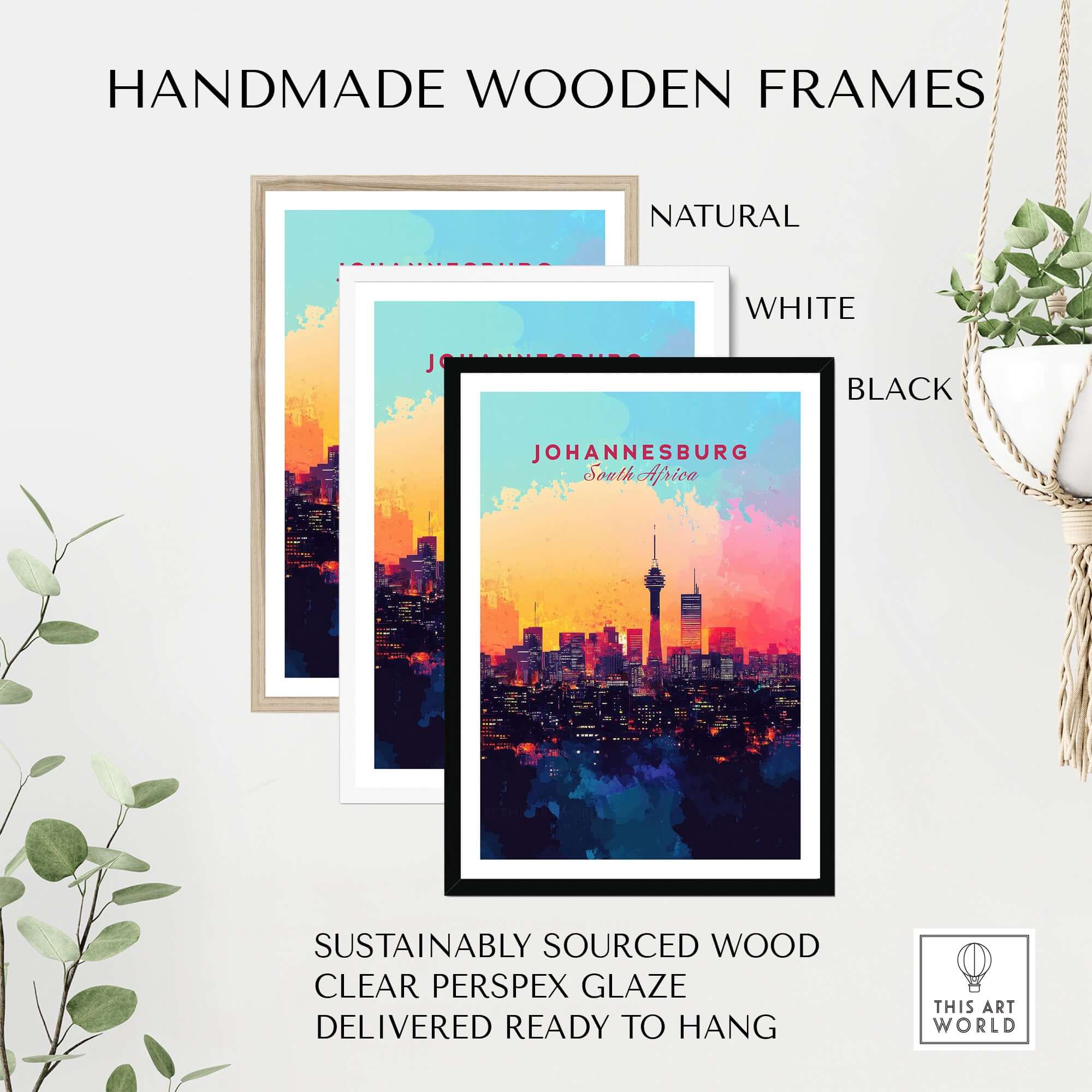 Johannesburg Skyline Poster - South Africa Cityscape Wall Art Print in handmade wooden frames available in natural, white, and black.