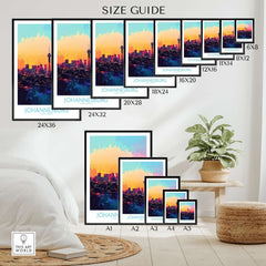 Johannesburg South Africa Print - Modern Cityscape Poster, JHB Skyline size guide with various frame options.