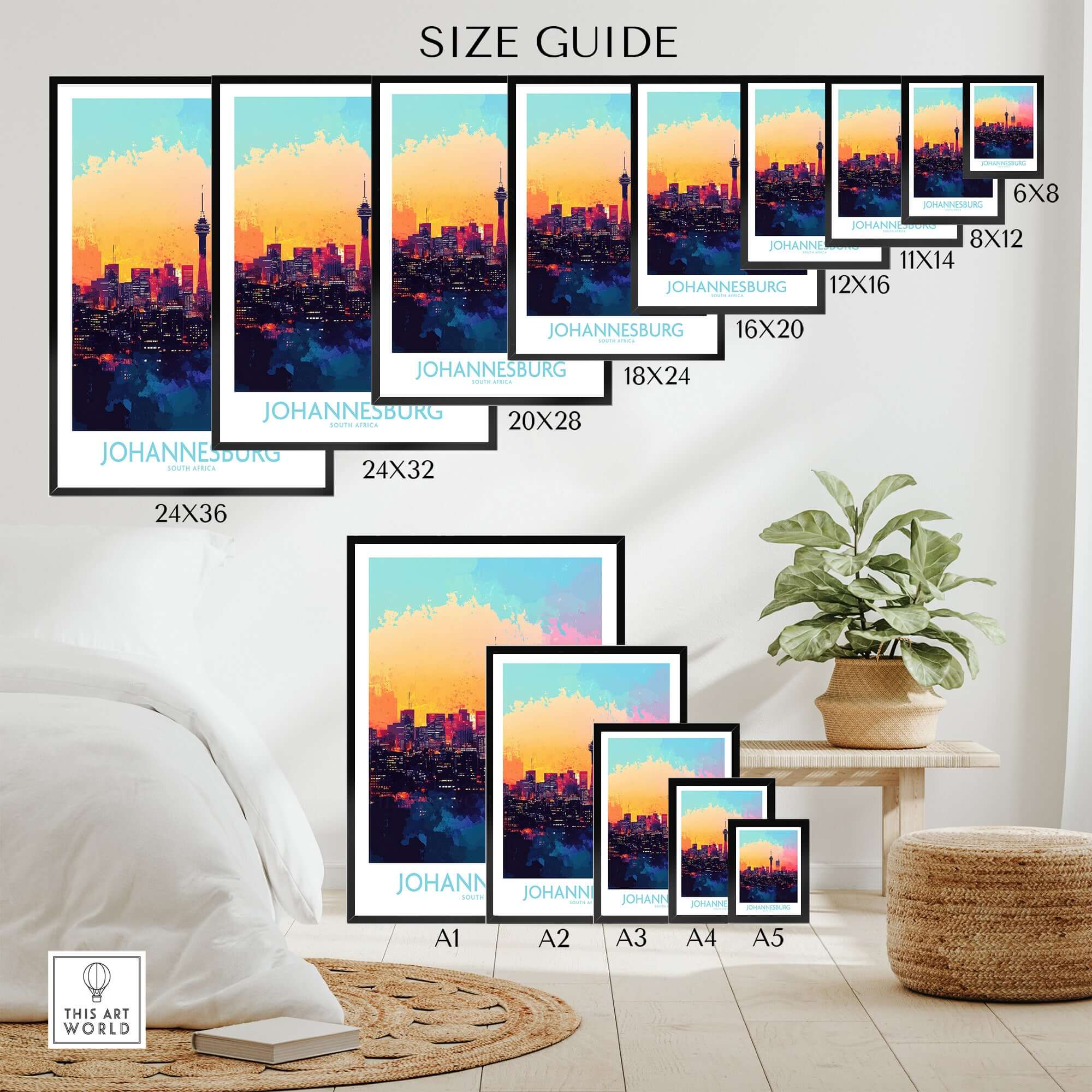 Johannesburg South Africa Print - Modern Cityscape Poster, JHB Skyline size guide with various frame options.