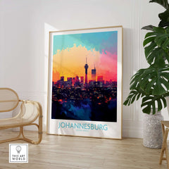 Johannesburg South Africa Print - Modern Cityscape Poster, JHB Skyline featuring a vibrant cityscape in a stylish room setting.