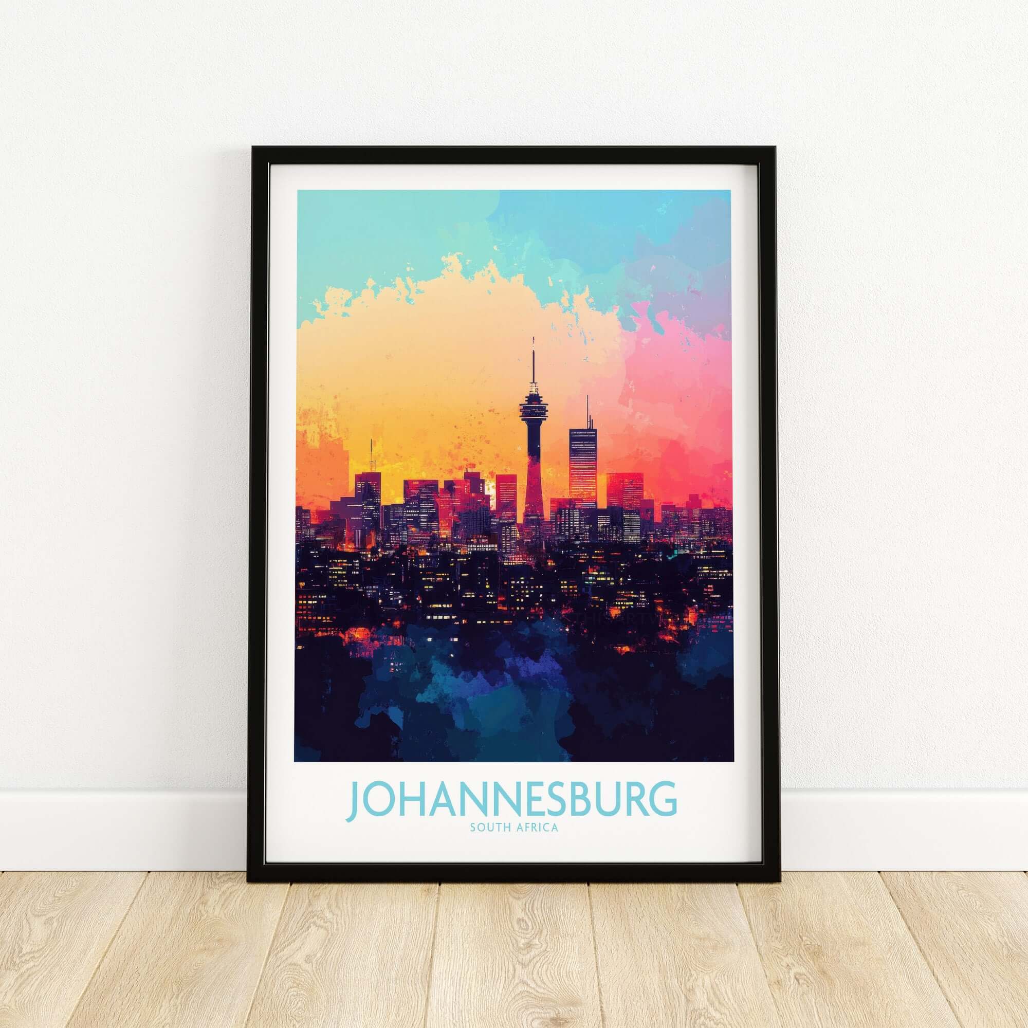 Johannesburg South Africa Print - Modern Cityscape Poster, JHB Skyline showcasing vibrant city skyline at sunset.