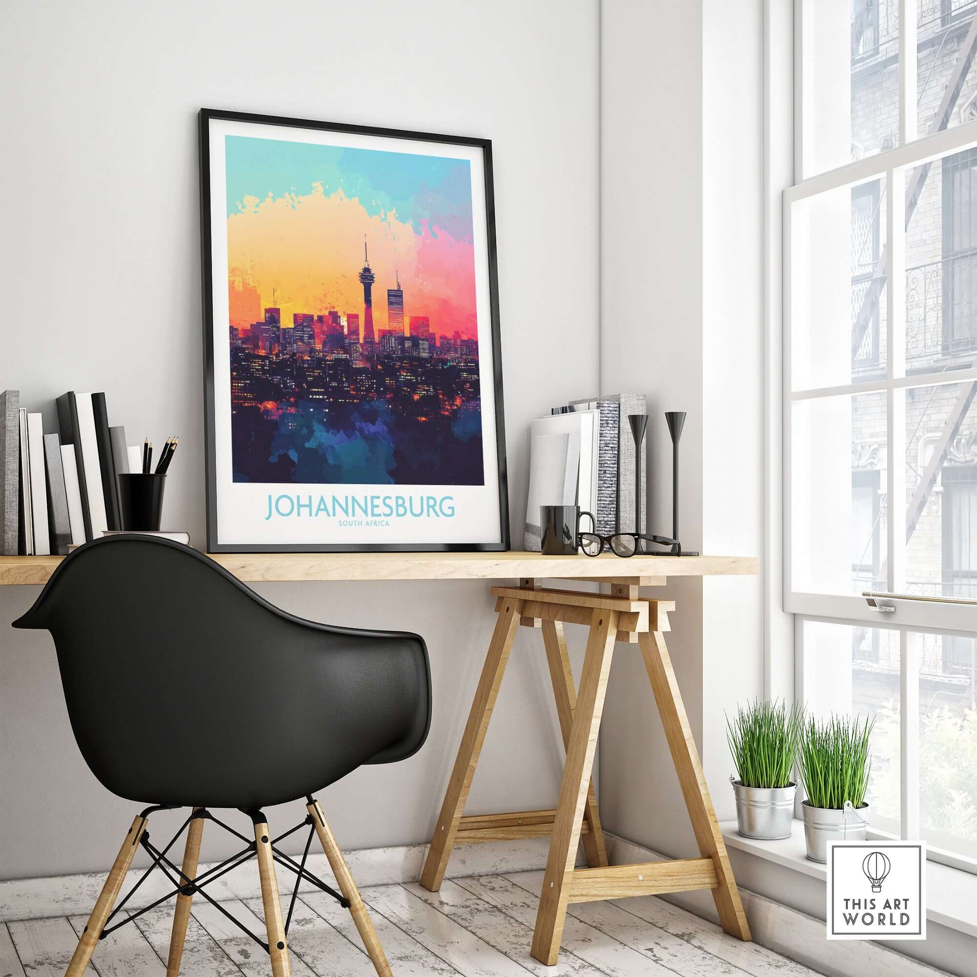 Johannesburg South Africa Print - Modern Cityscape Poster, JHB Skyline displayed in a stylish room setting.