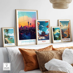 Johannesburg South Africa Print - Modern Cityscape Poster, JHB Skyline displayed among travel posters.