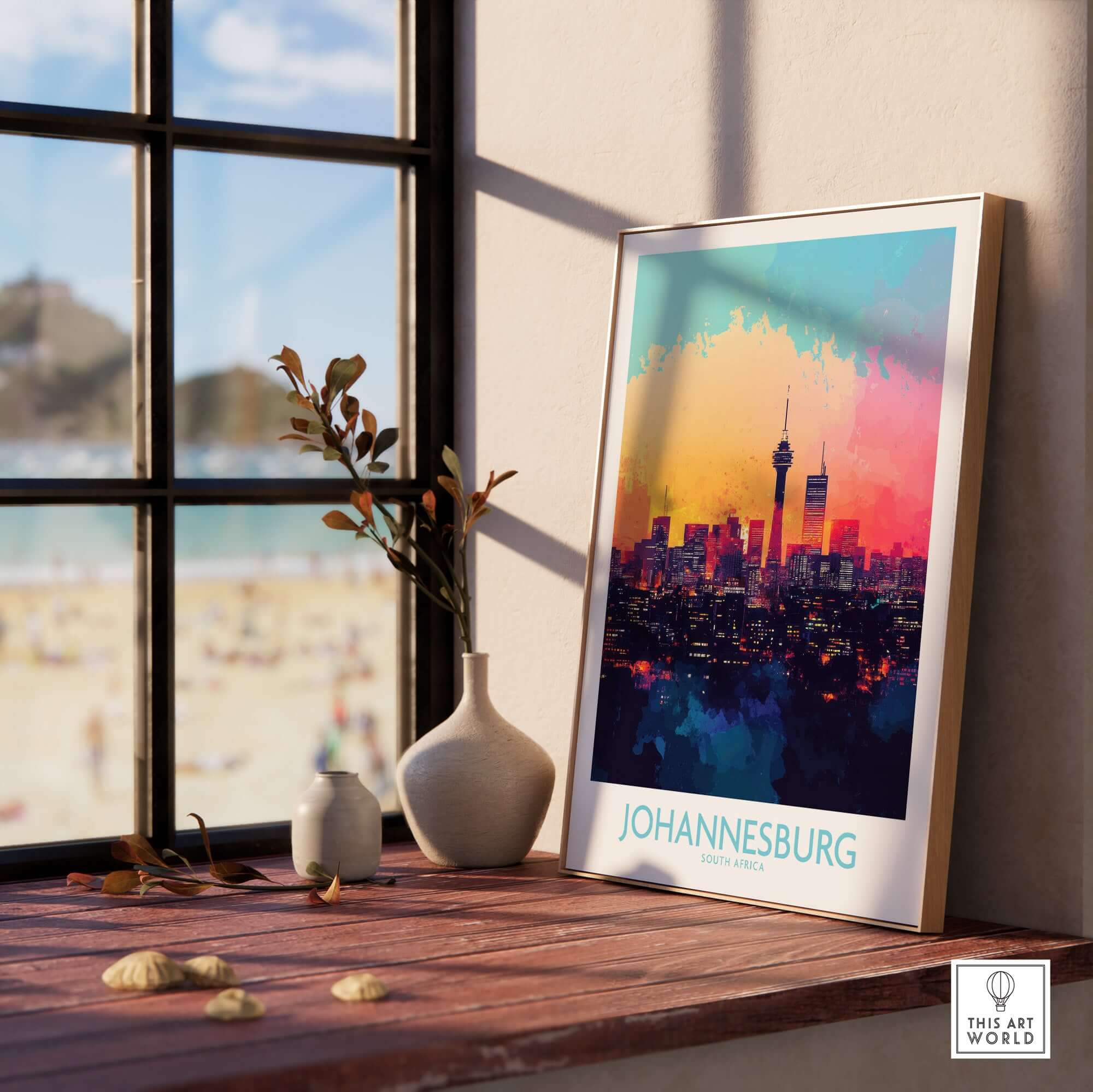 Johannesburg South Africa Print - Modern Cityscape Poster, JHB Skyline displayed in a stylish interior with beach view.