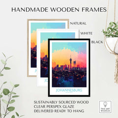 Johannesburg South Africa Print - Modern Cityscape Poster, JHB Skyline in handmade wooden frames for display.