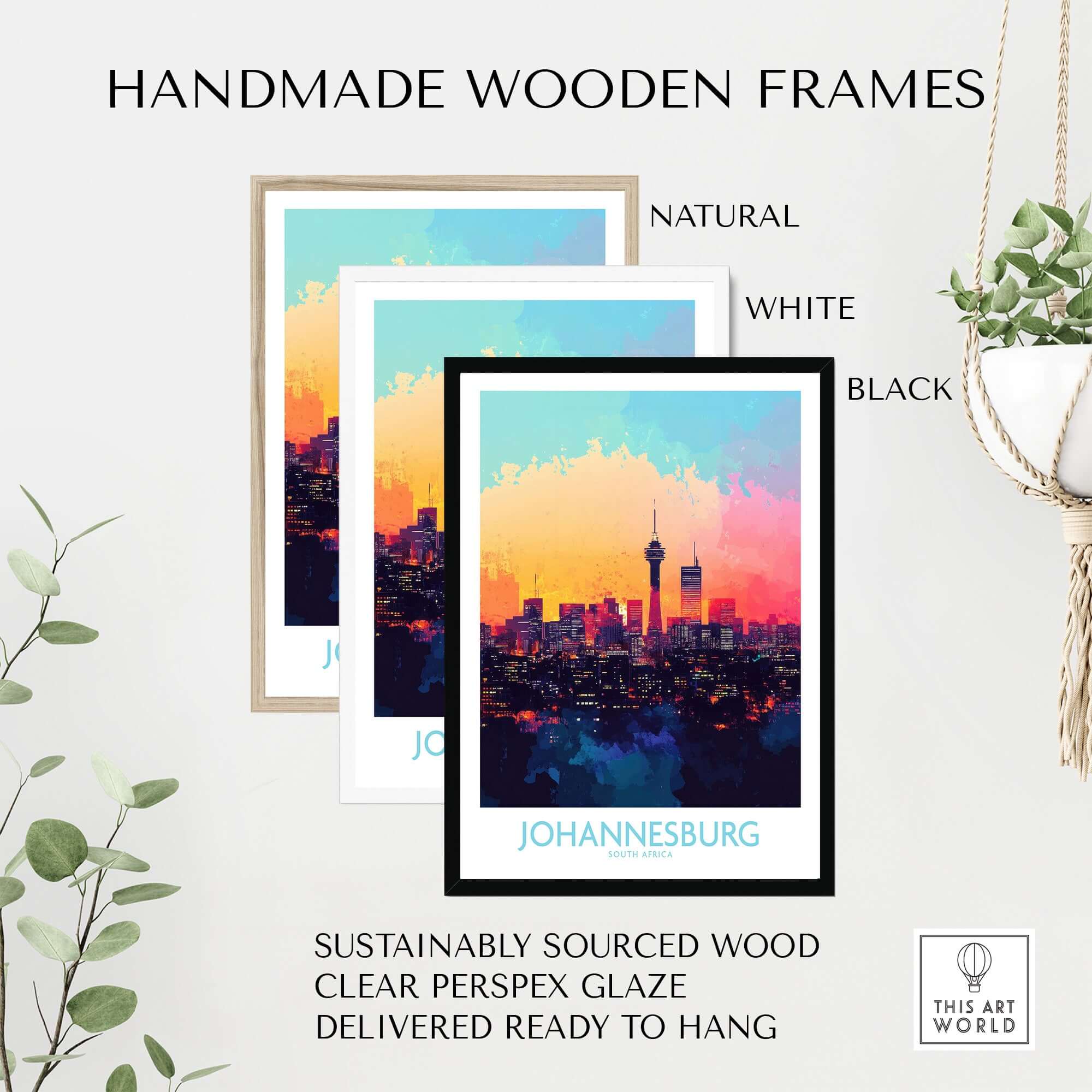 Johannesburg South Africa Print - Modern Cityscape Poster, JHB Skyline in handmade wooden frames for display.