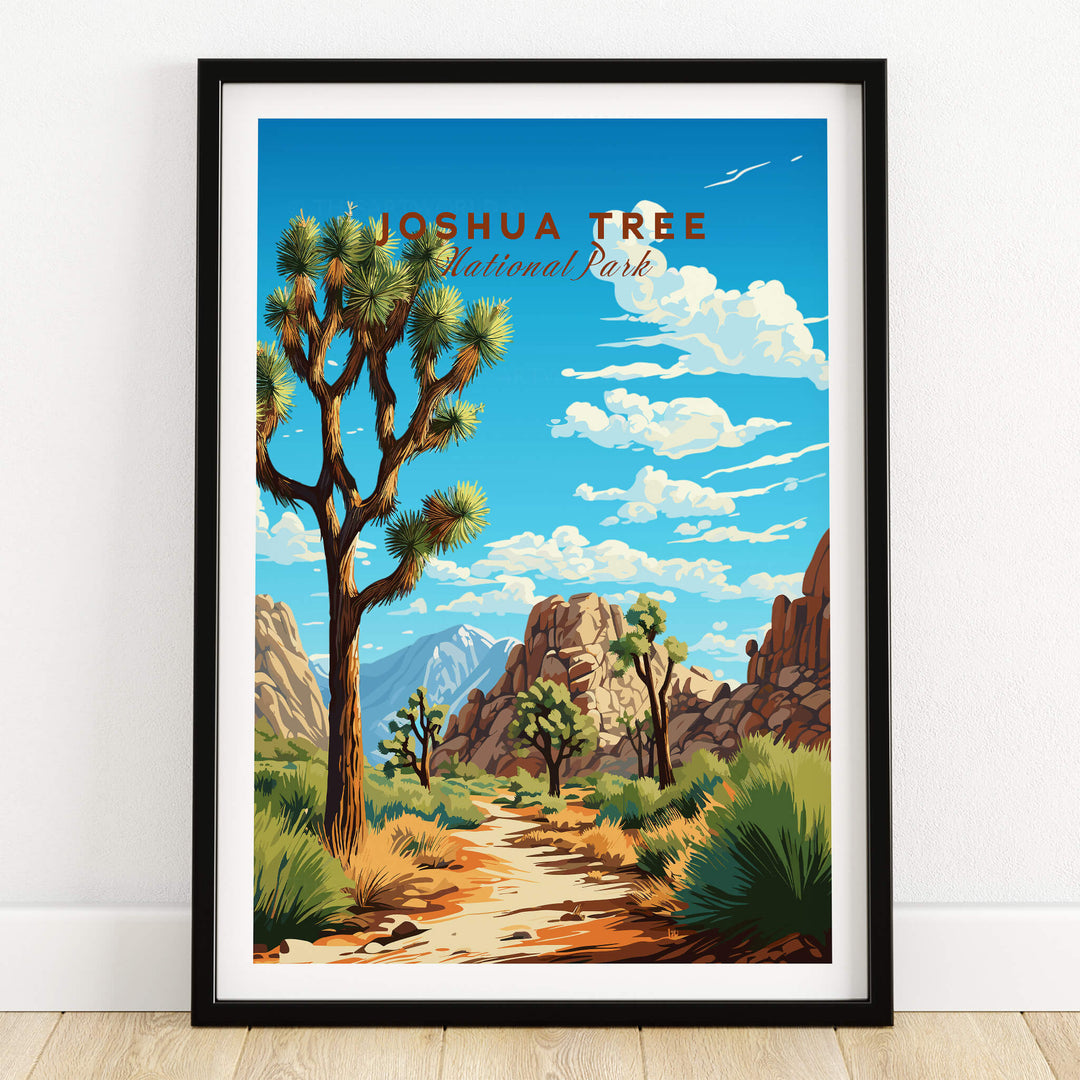 Joshua Tree Poster National Park showcasing vibrant desert landscape with iconic Joshua trees and mountains.