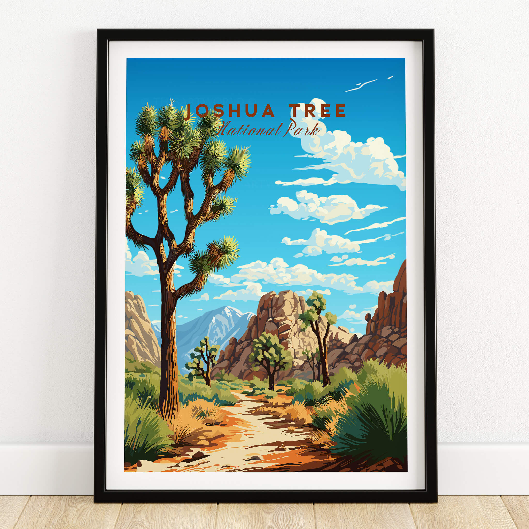 Joshua Tree Poster National Park showcasing vibrant desert landscape with iconic Joshua trees and mountains.