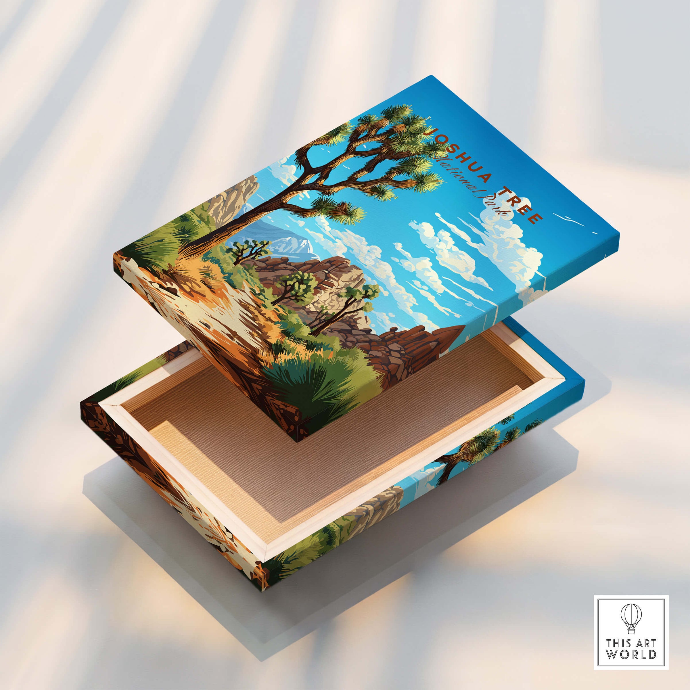 Joshua Tree Poster National Park design on a colorful wooden box showcasing the beauty of the California desert.
