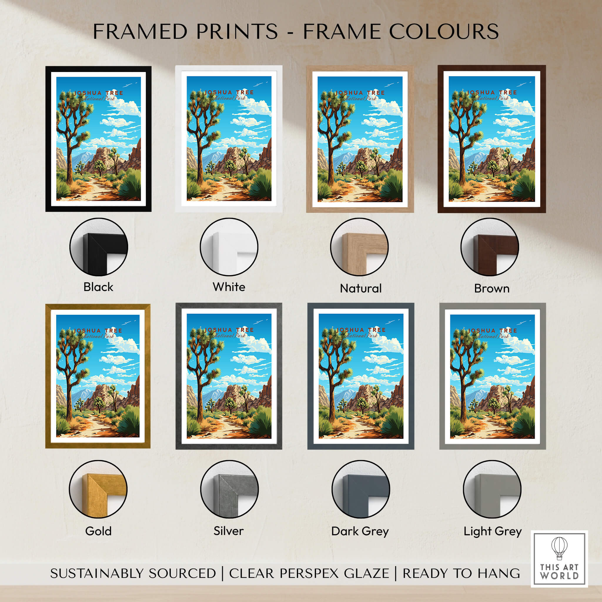 Framed prints showcasing various frame colors for Joshua Tree Poster National Park including black, white, natural, and brown.