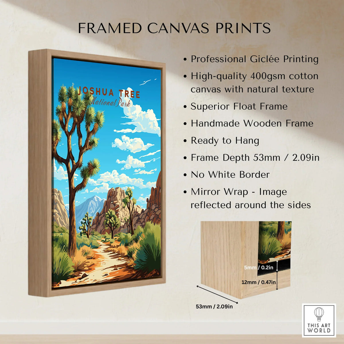 Joshua Tree Poster National Park framed canvas print showcasing vibrant desert landscape and professional Giclée printing.