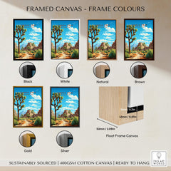 Joshua Tree Poster National Park framed canvas color options including black, white, natural, brown, gold, and silver.