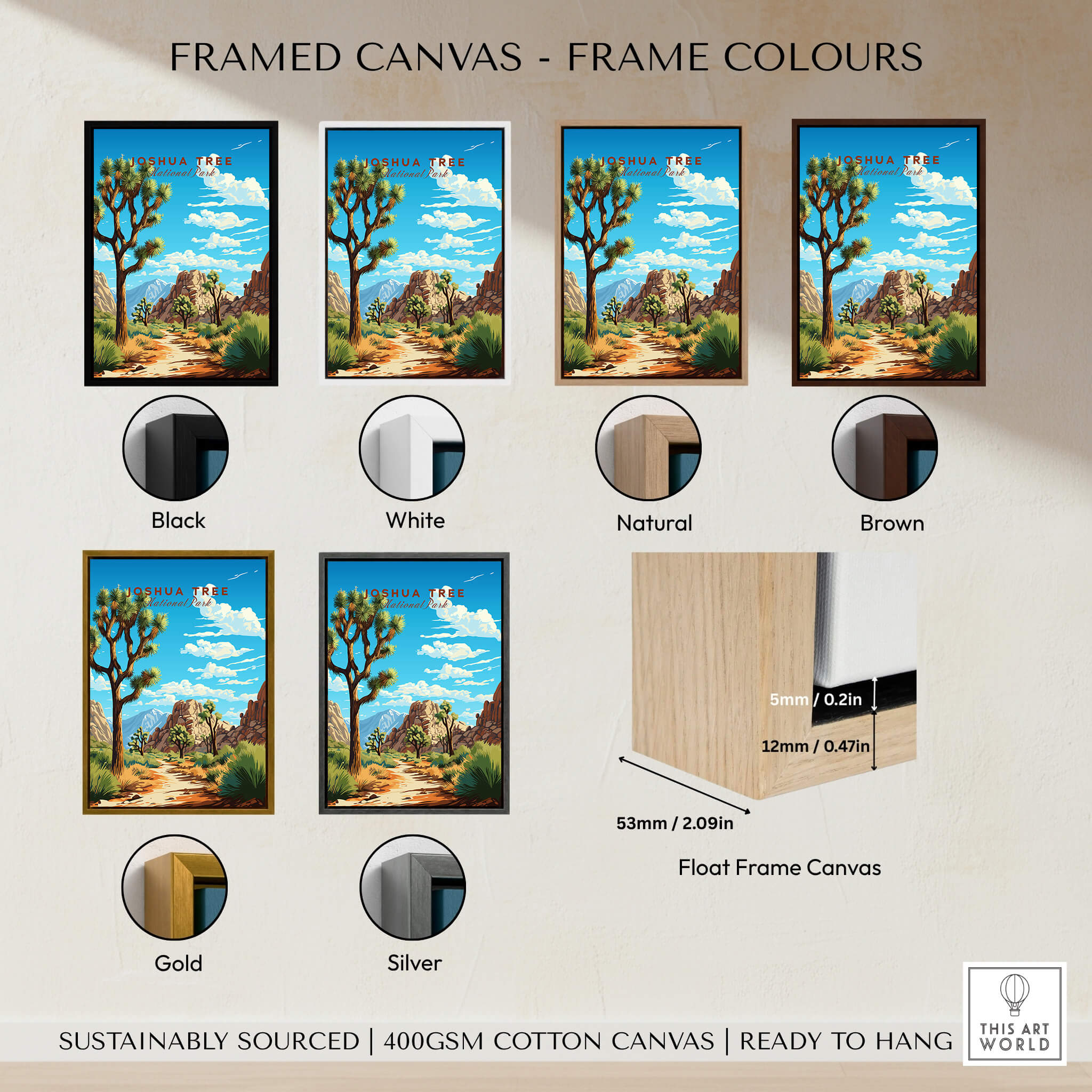 Joshua Tree Poster National Park framed canvas color options including black, white, natural, brown, gold, and silver.