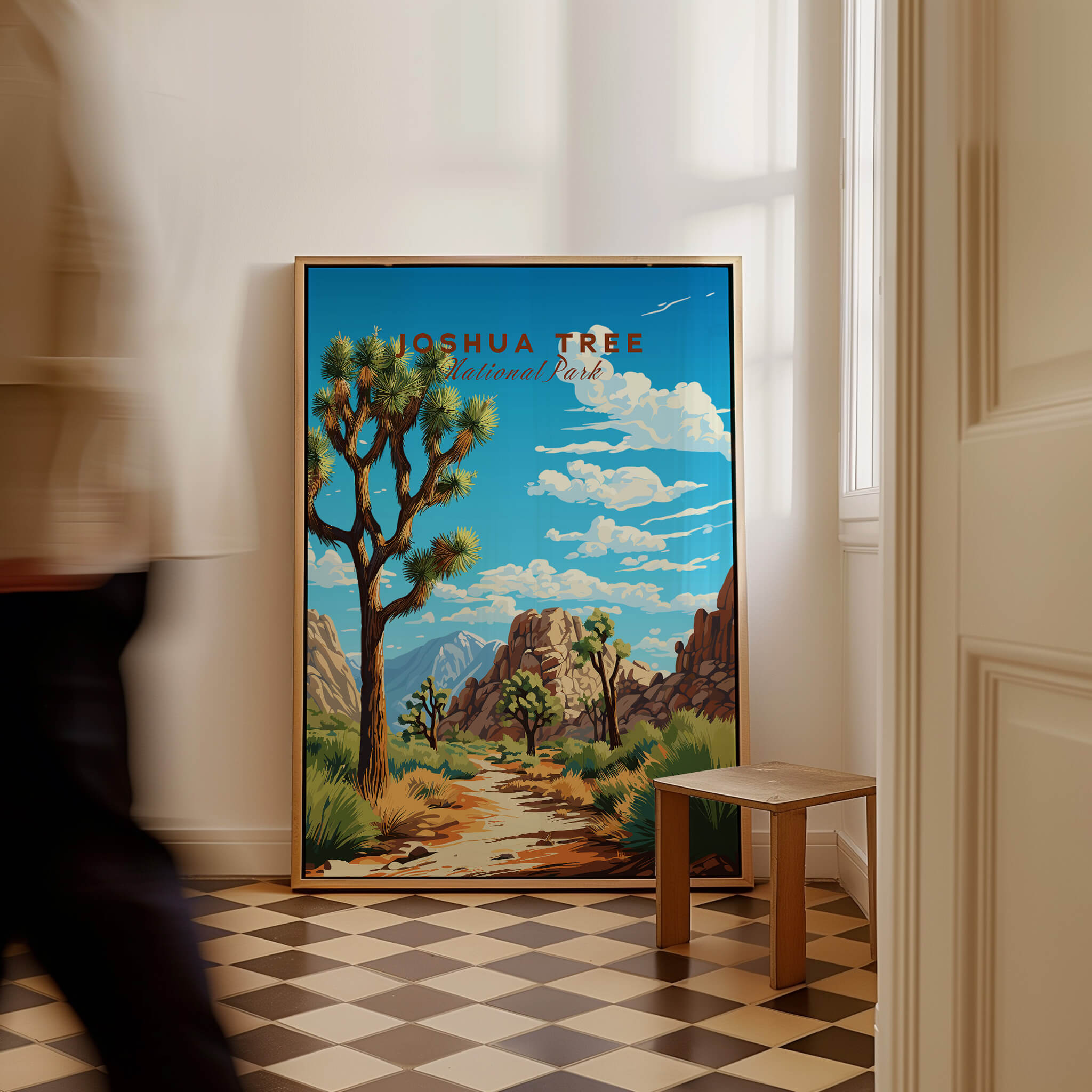 Joshua Tree Poster National Park featuring vibrant desert landscape art in a stylish home setting.