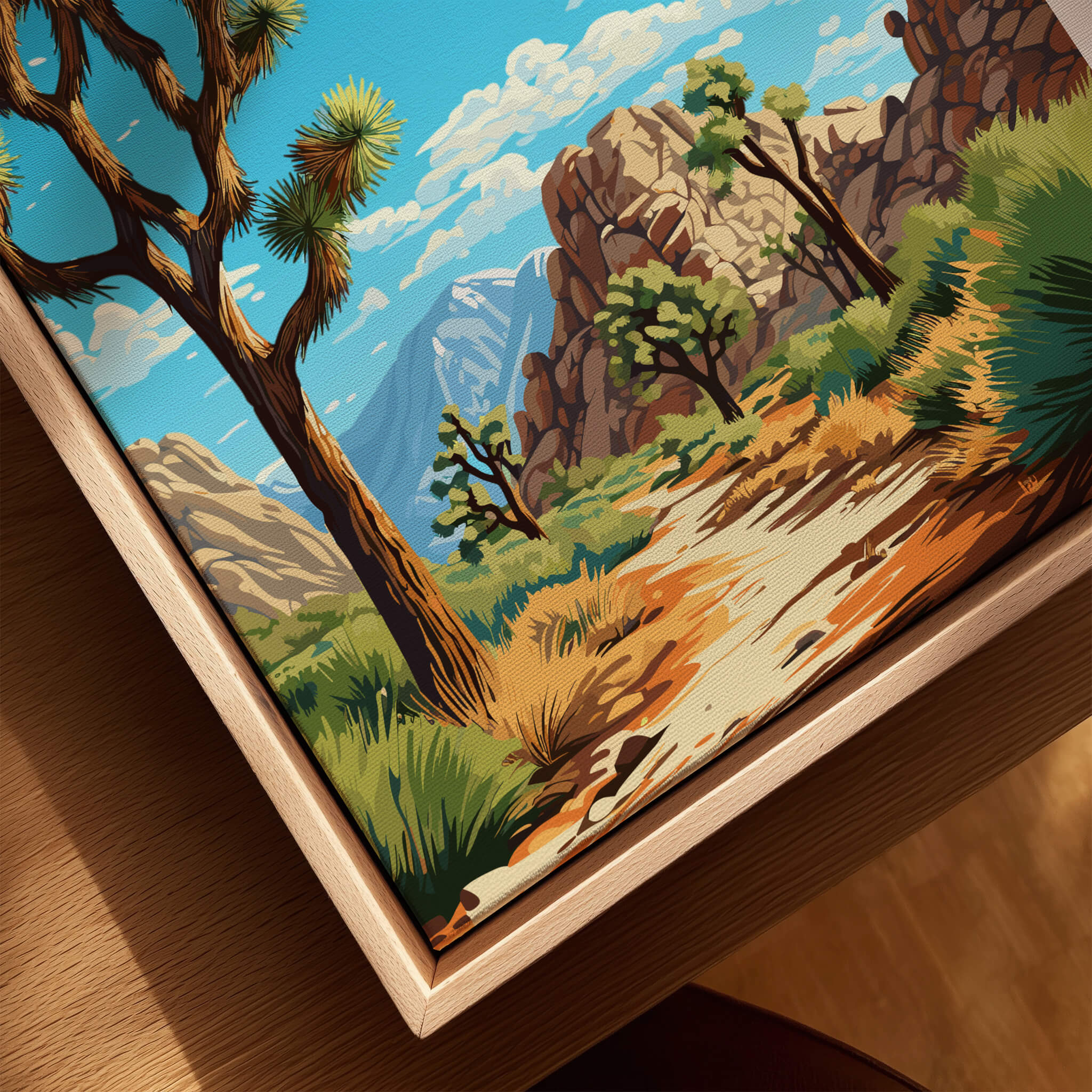 Joshua Tree Poster National Park art featuring vibrant desert landscape and unique rock formations.