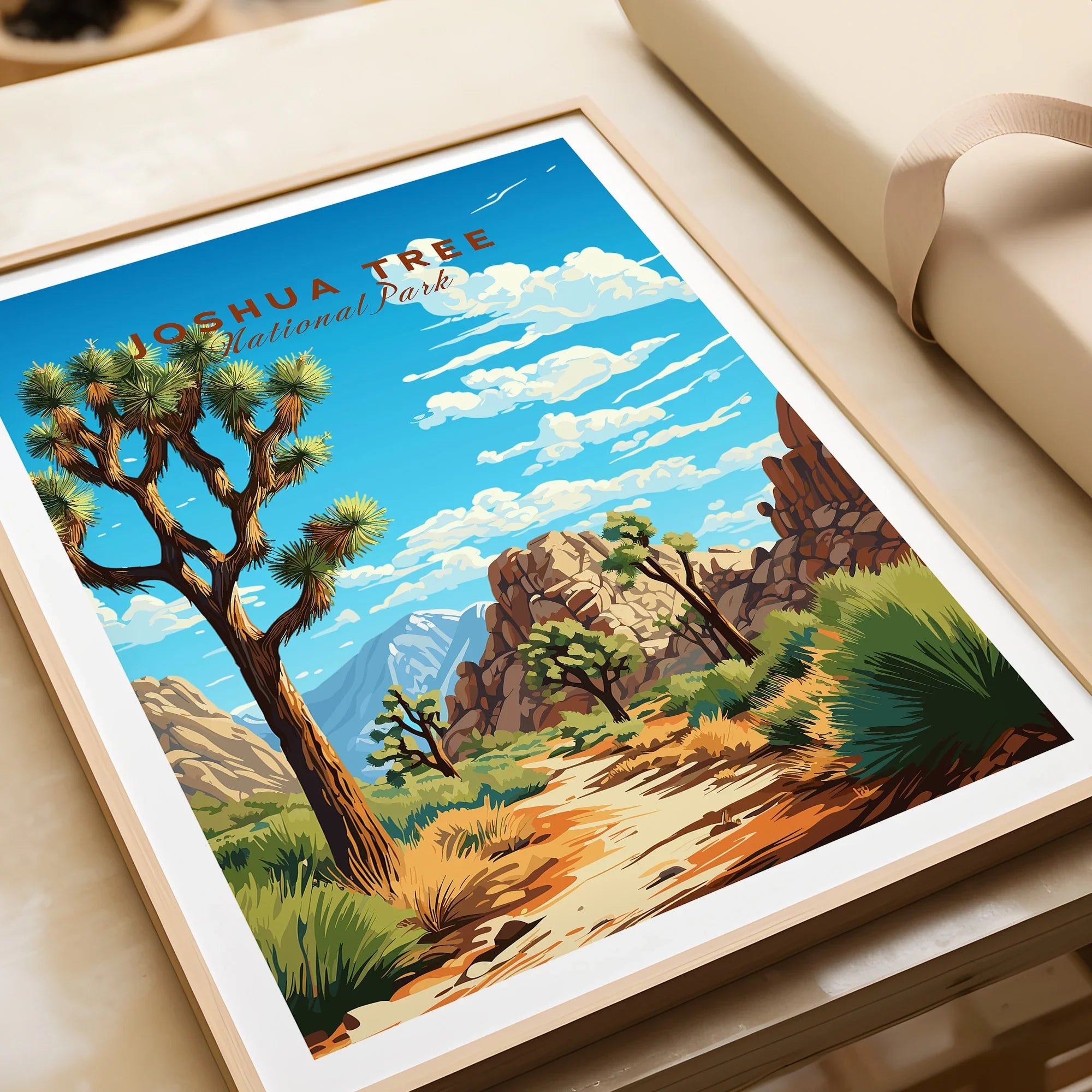 Framed Joshua Tree National Park print with desert landscape and blue sky, unwrapped as a gift