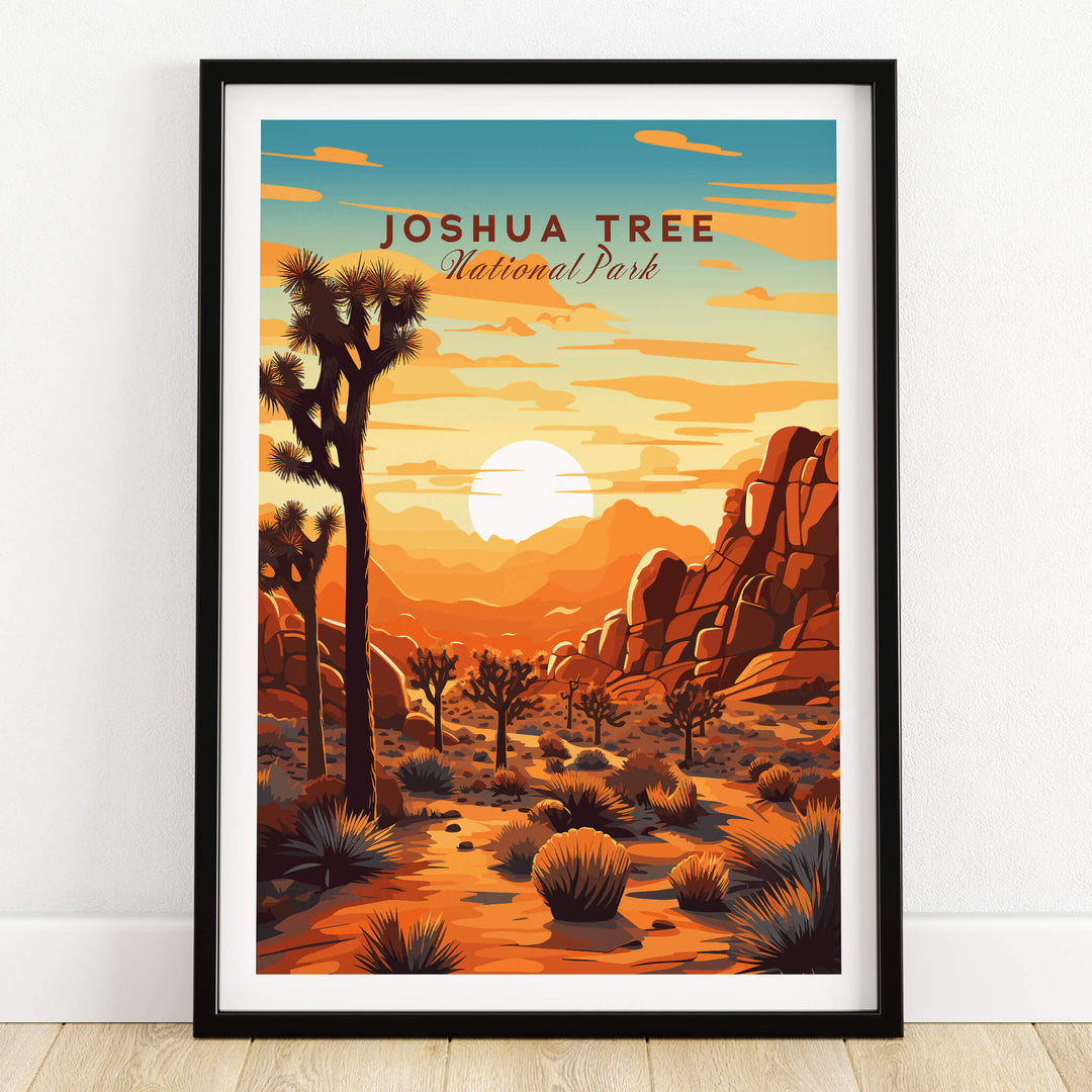 Joshua Tree Wall Art Print featuring vibrant colors and a stunning sunset over Joshua Tree National Park
