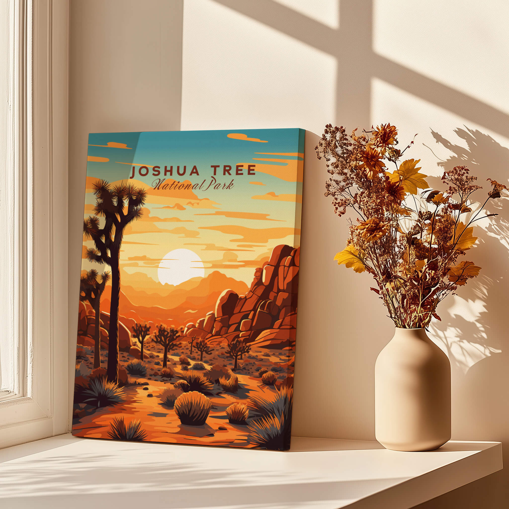 Joshua Tree Wall Art Print featuring sunset colors and National Park design in a bright interior setting.