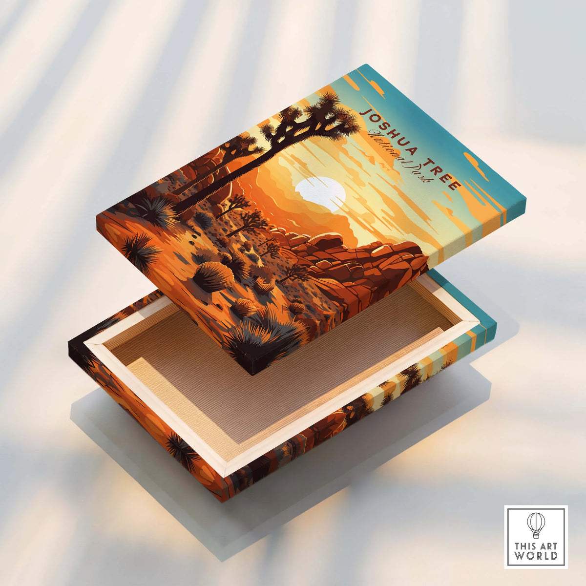 Joshua Tree Wall Art Print on a jewelry box with sunset colors and desert landscape design.