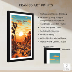 Joshua Tree Wall Art Print featuring vibrant sunset colors and a handmade wooden frame, ideal for home or office decor.