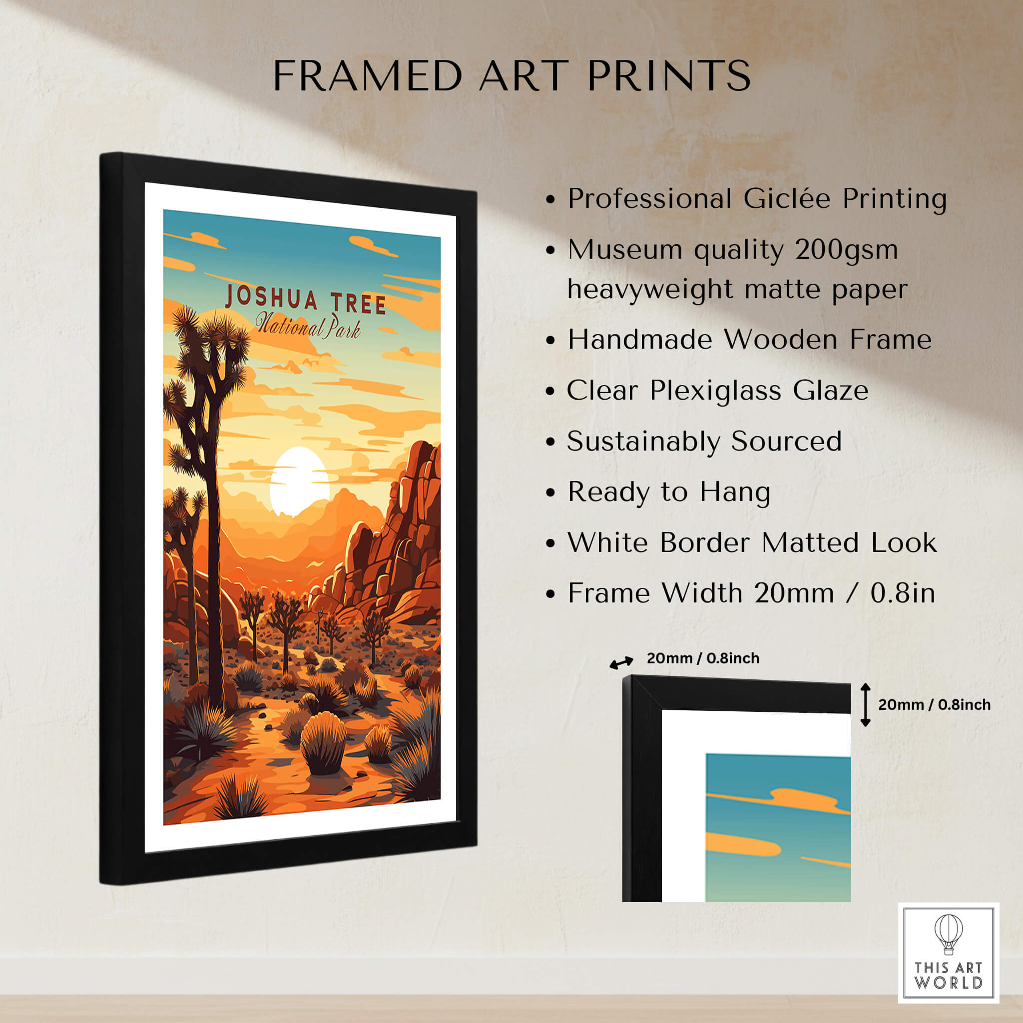 Joshua Tree Wall Art Print featuring vibrant sunset colors and a handmade wooden frame, ideal for home or office decor.