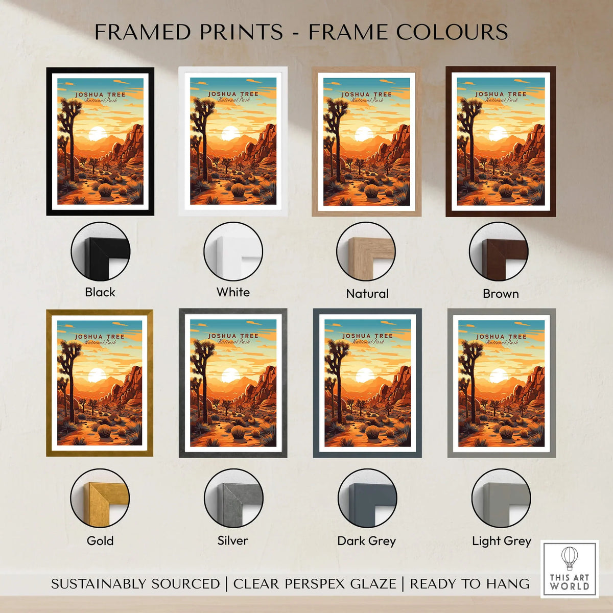 Framed Joshua Tree Wall Art Print in various frame colors including black, white, natural, brown, gold, silver, dark grey, and light grey.