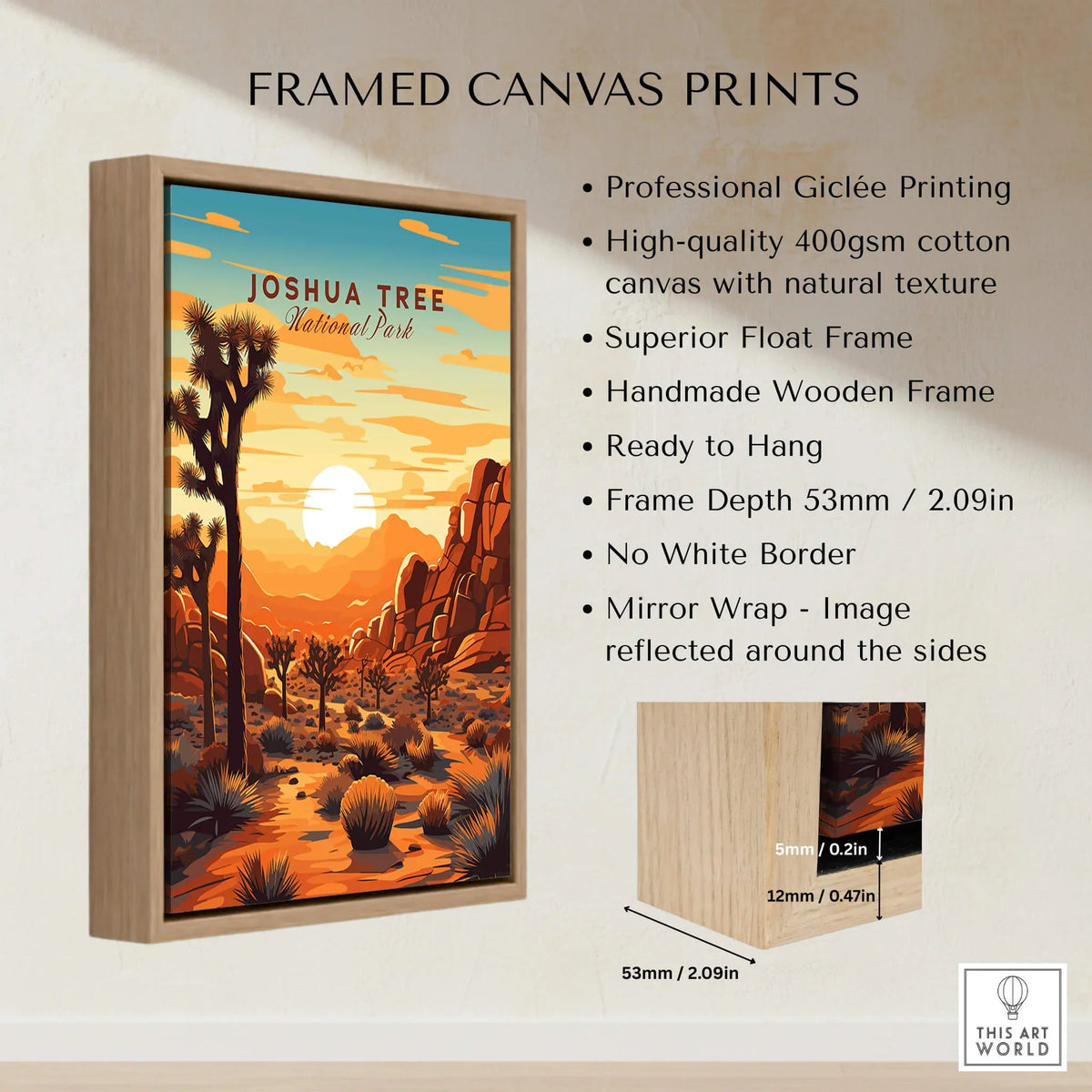 Framed Joshua Tree Wall Art Print showcasing sunset colors and intricate details, perfect for home or office decor.