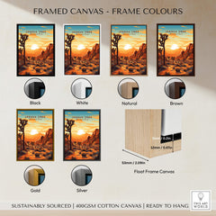 Framed Joshua Tree Wall Art Print options showcasing black, white, natural, brown, gold, and silver frame colors.