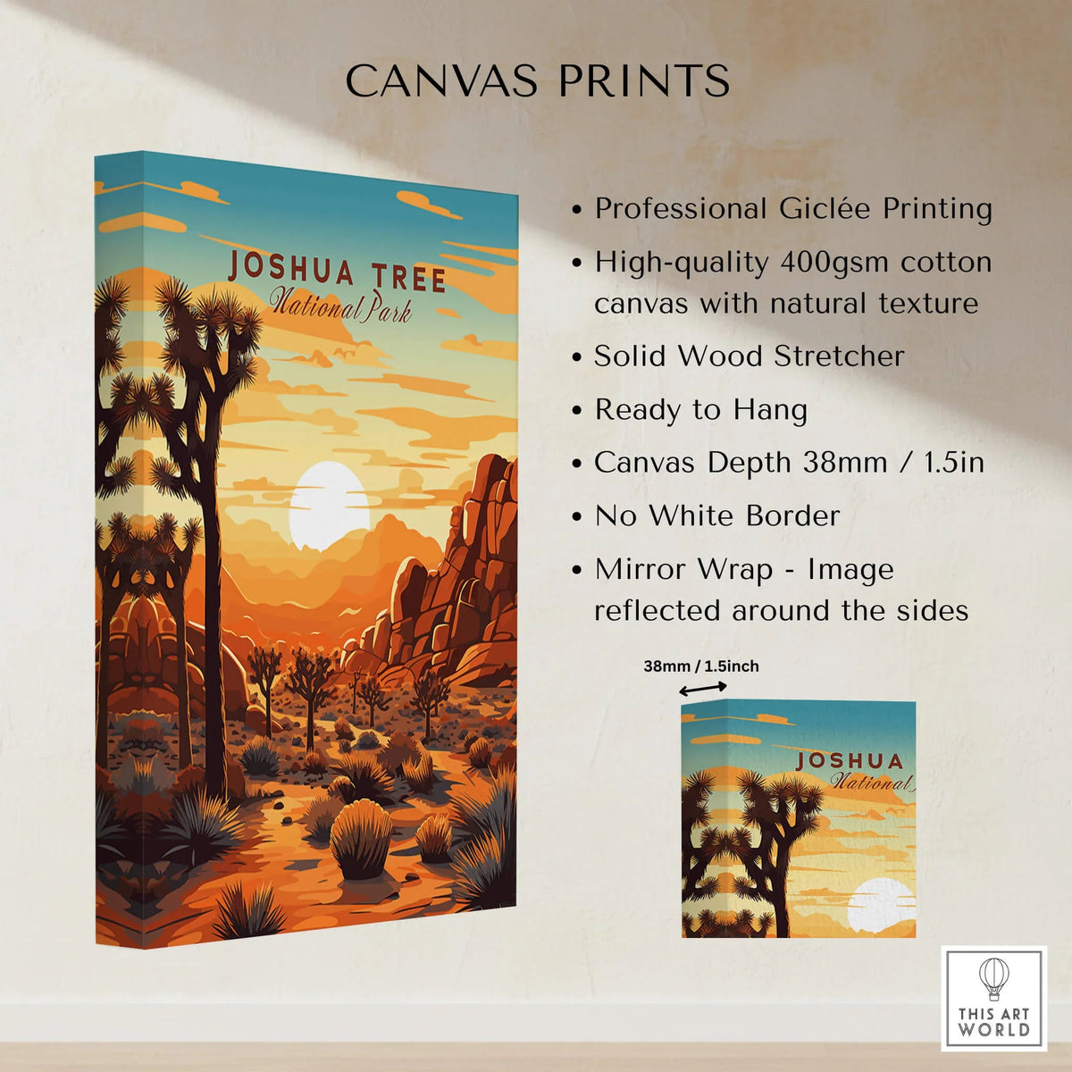 Joshua Tree Wall Art Print showcasing vibrant sunset colors and natural texture, perfect for home or office decor.