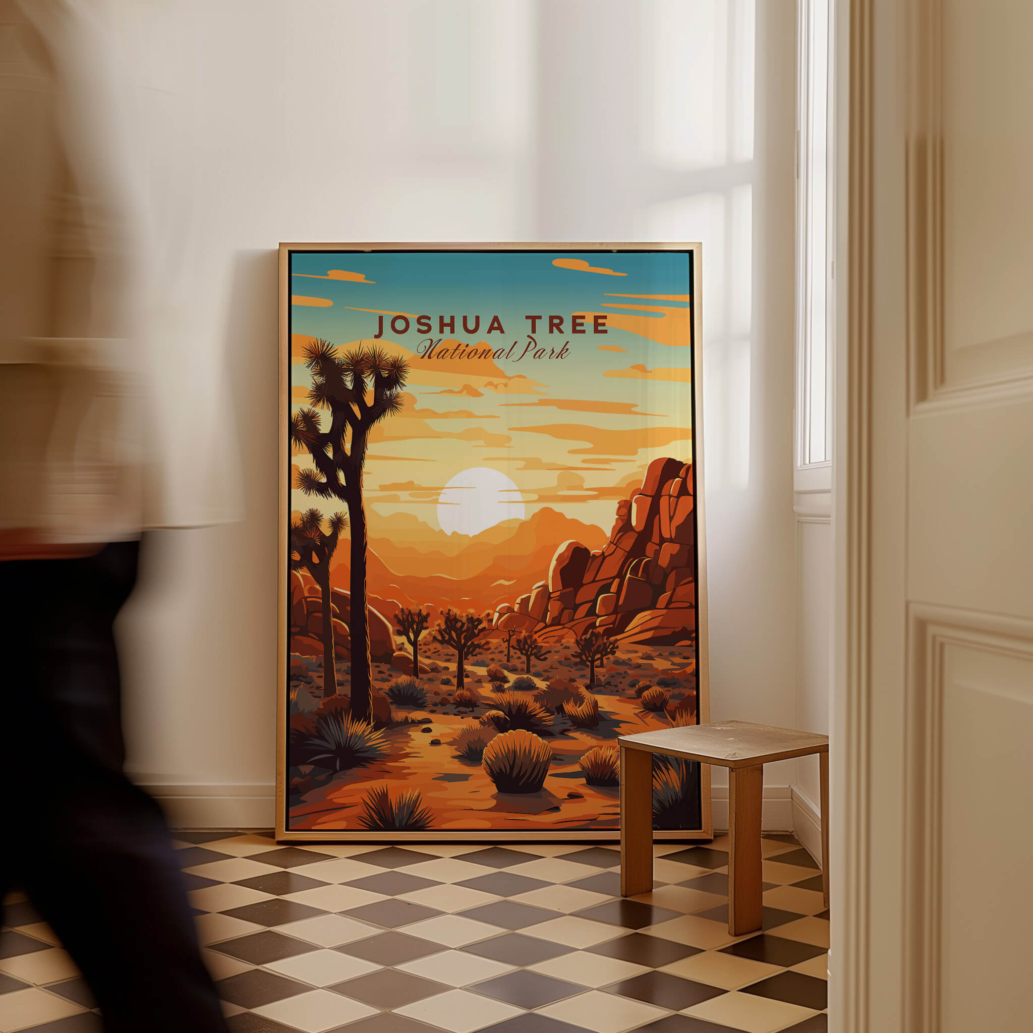 Joshua Tree Wall Art Print featuring a vibrant sunset design in a stylish interior setting.