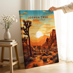 Joshua Tree Wall Art Print featuring vibrant sunset colors and National Park design in a cozy home setting.