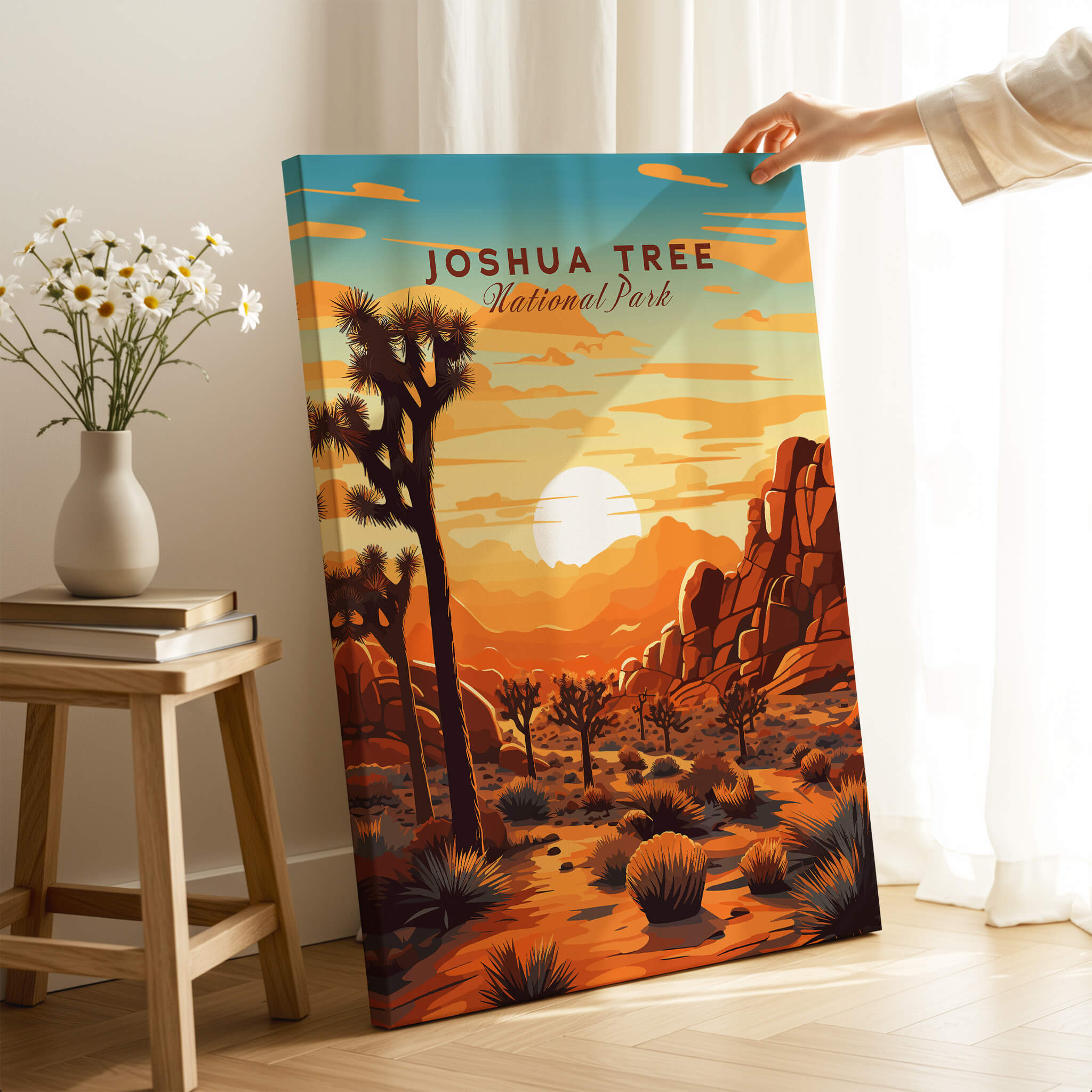Joshua Tree Wall Art Print featuring vibrant sunset colors and National Park design in a cozy home setting.