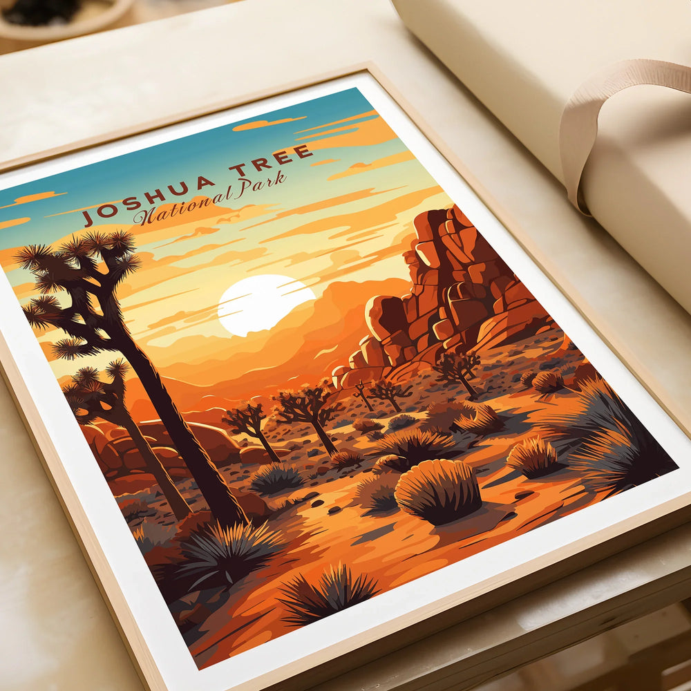 Framed Joshua Tree National Park art print with sunset desert landscape, unwrapped as a gift.