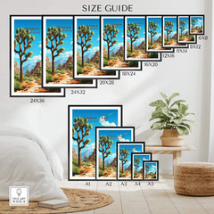 Joshua Tree Poster National Park size guide with various framed prints displayed in a stylish interior setting.