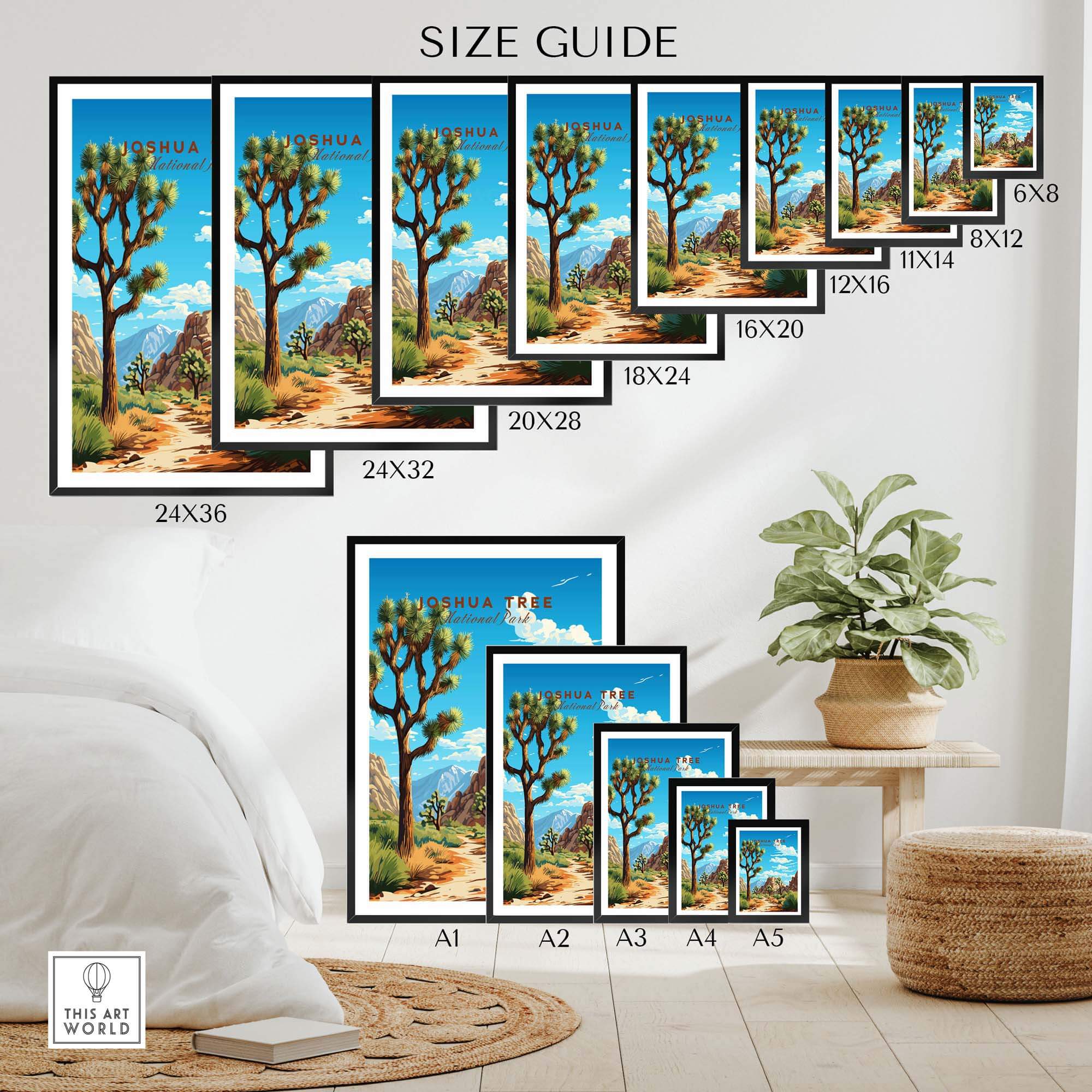 Joshua Tree Poster National Park size guide with various framed prints displayed in a stylish interior setting.