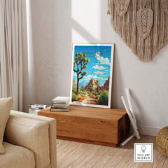 Joshua Tree Poster National Park displayed in a cozy living room setting with natural decor elements.