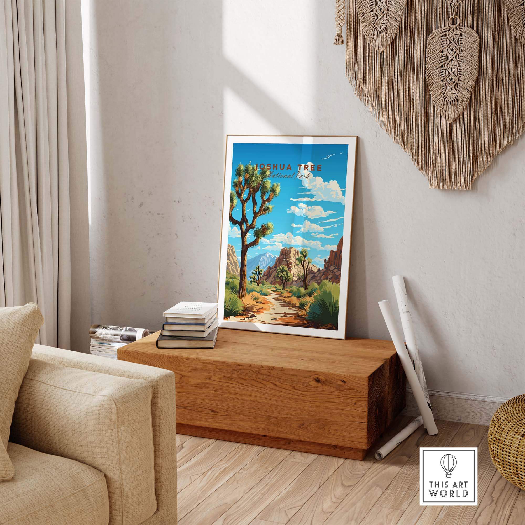 Joshua Tree Poster National Park displayed in a cozy living room setting with natural decor elements.