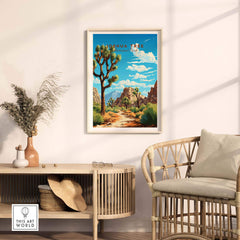 Joshua Tree Poster National Park displayed in a stylish interior with a cozy chair and decor.