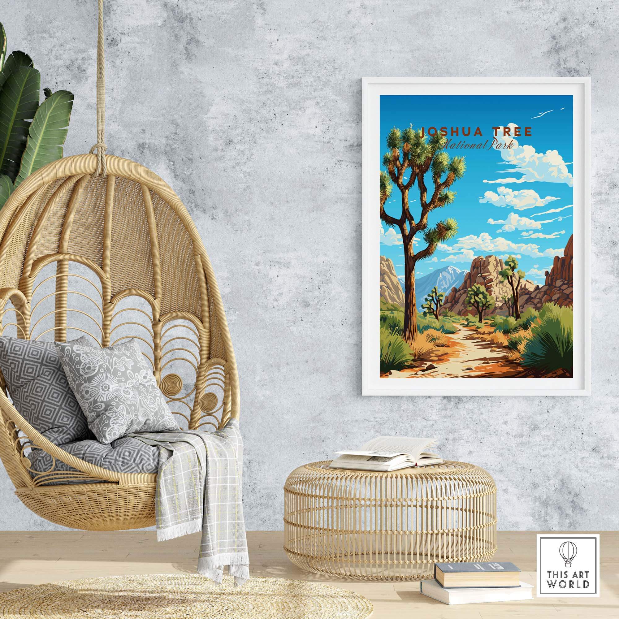 Joshua Tree Poster National Park displayed in a stylish interior setting with a hanging chair and decorative accents.