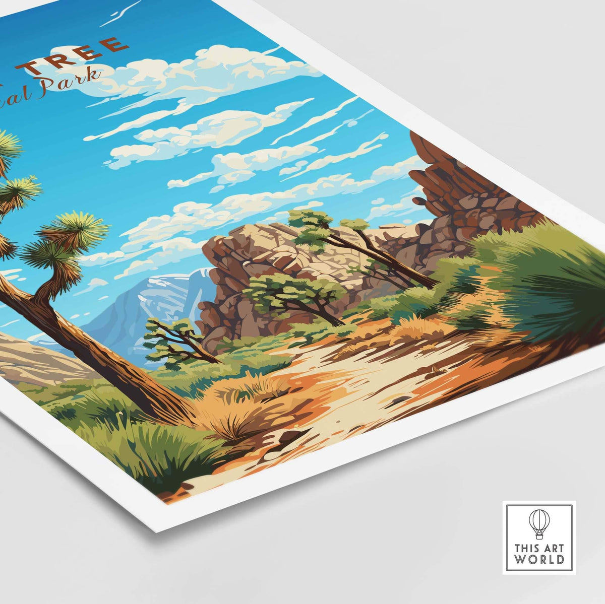 Joshua Tree Poster National Park showcasing vibrant desert scenery and majestic mountains in California.