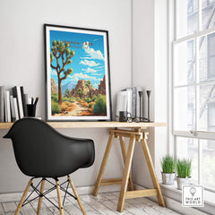 Joshua Tree Poster National Park displayed on a wall in a modern interior setting, showcasing desert landscape art.