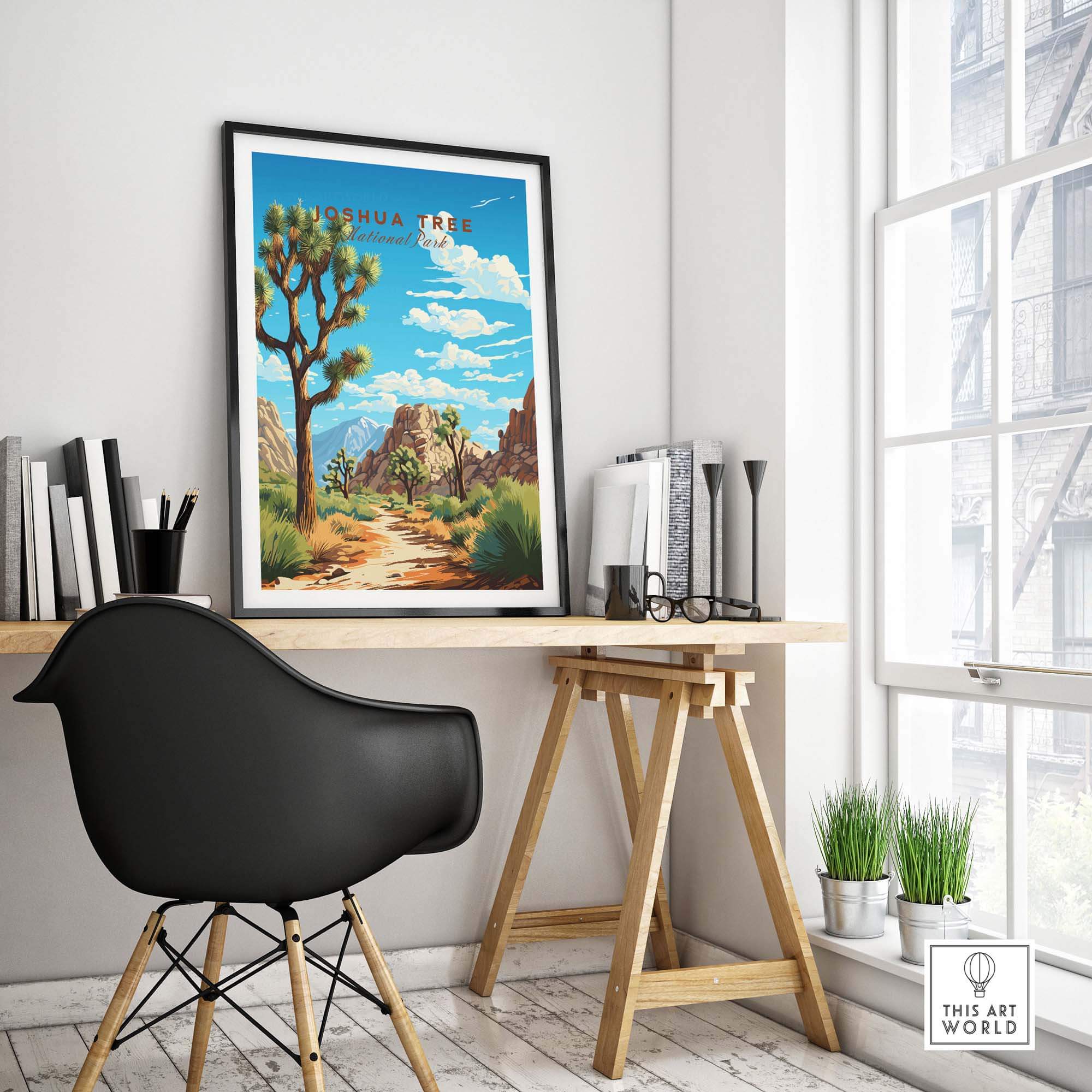 Joshua Tree Poster National Park displayed on a wall in a modern interior setting, showcasing desert landscape art.